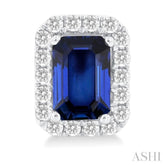 6x4 MM Octagonal Shape Sapphire and 1/4 Ctw Round Cut Diamond Halo Precious Stud Earrings in 14K White Gold